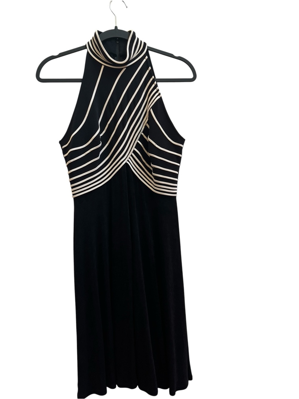 Vintage 90s Tadashi Black Cream Striped Halter Cocktail Dress Art Deco Evening - Picture 2 of 5
